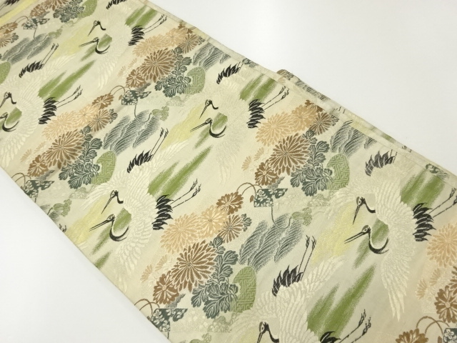 アンティーク　双鶴に菊模様織出し丸帯（材料）